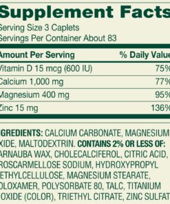 Spring Valley – Calcium, Magnesium & Zinc plus Vitamin D3 Coated Caplets – 250 count
