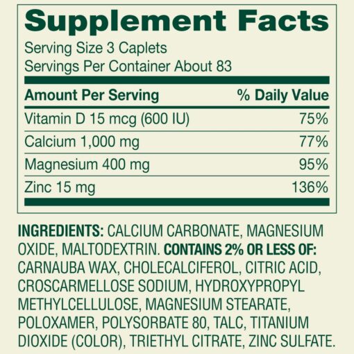 Spring Valley – Calcium, Magnesium & Zinc plus Vitamin D3 Coated Caplets – 250 count
