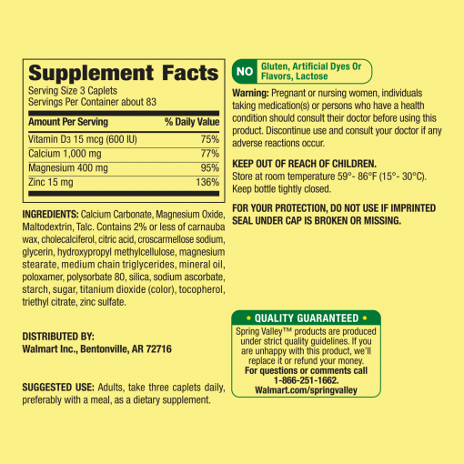 Spring Valley Calcium Magnesium Zinc plus Vitamin D3 Coated Caplets 250 Count Exubuy image
