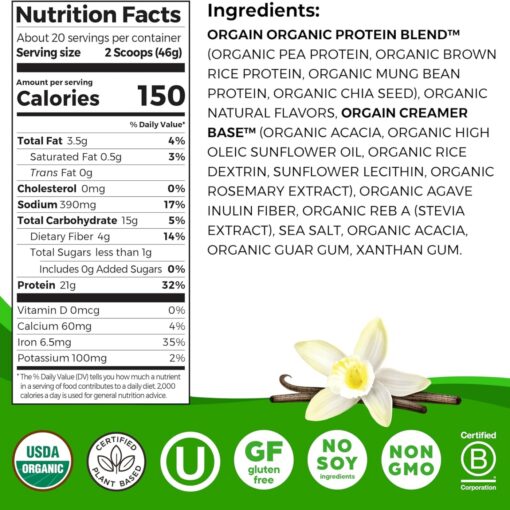 Orgain – Organic Protein Plant Based Powder – Vanilla Bean – 920 gram
