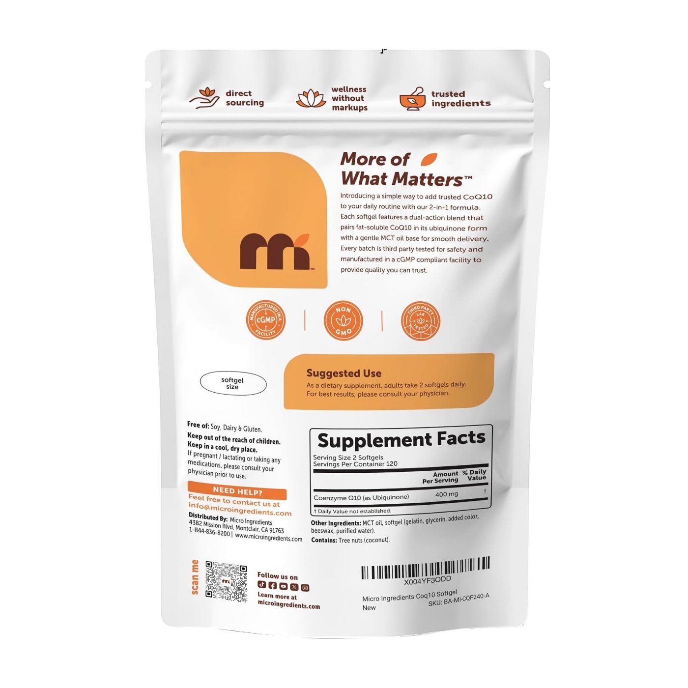 Micro Ingredients CoQ10 400 mg Per Serving, 240 Softgels